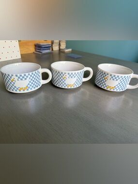 VTG KIC White Ceramic Duck Soup Bowl Mugs Blue White Check Pattern (Set of 3)